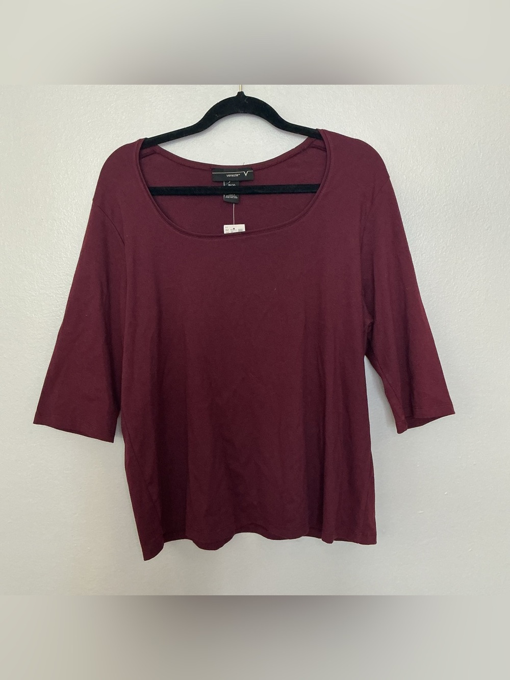 Venezia Scoop Neck 3/4 Sleeve Top - Burgundy Plus Size Size 18/20 Cotton Blend